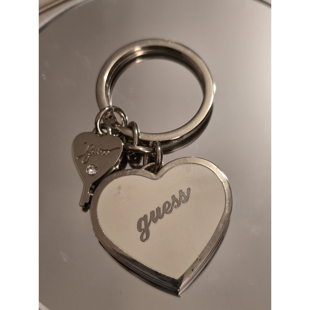 Guess Enamel Heart Locket with‎ Silver & White  Key ,  Guess Charm Keychain